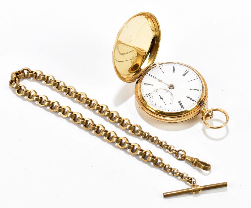 An 18ct gold key wind full hunter pocket watch, the enamelled dial set with Roman numerals and