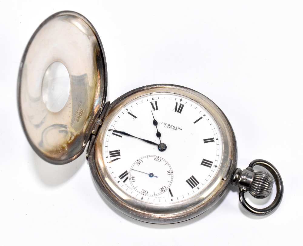 J.W. BENSON; a crown wind half hunter silver pocket watch with external blue enamelled Roman