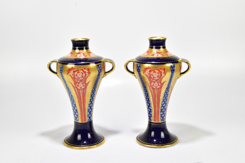 JAMES MACINTYRE; a pair of twin handled meiping shaped vases decorated in the 'Aurelian Ware' - Image 3 of 7