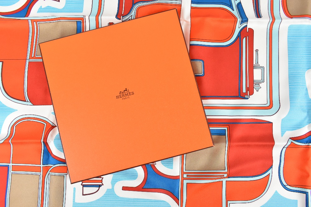 HERMES; a 100% silk orange, blue and red Les Coupes scarf by Francoise de la Perriere, unused and - Image 3 of 3