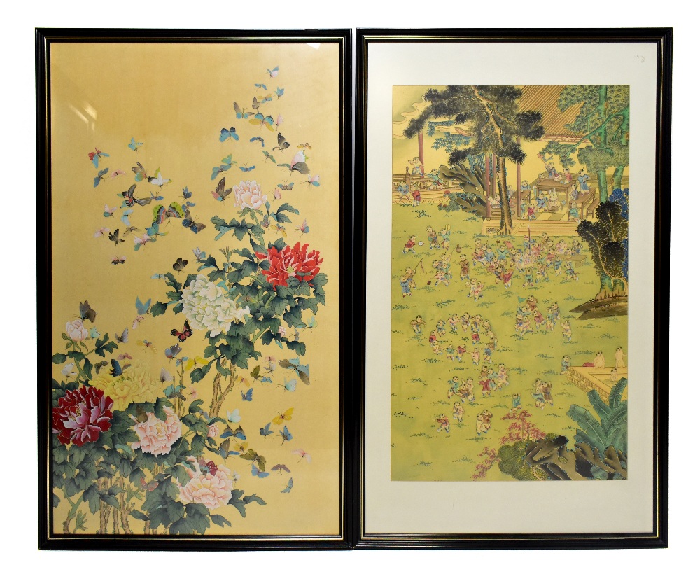 Two large decorative Chinese watercolours, one depicting one hundred boys at play, 85 x 51.5cm,