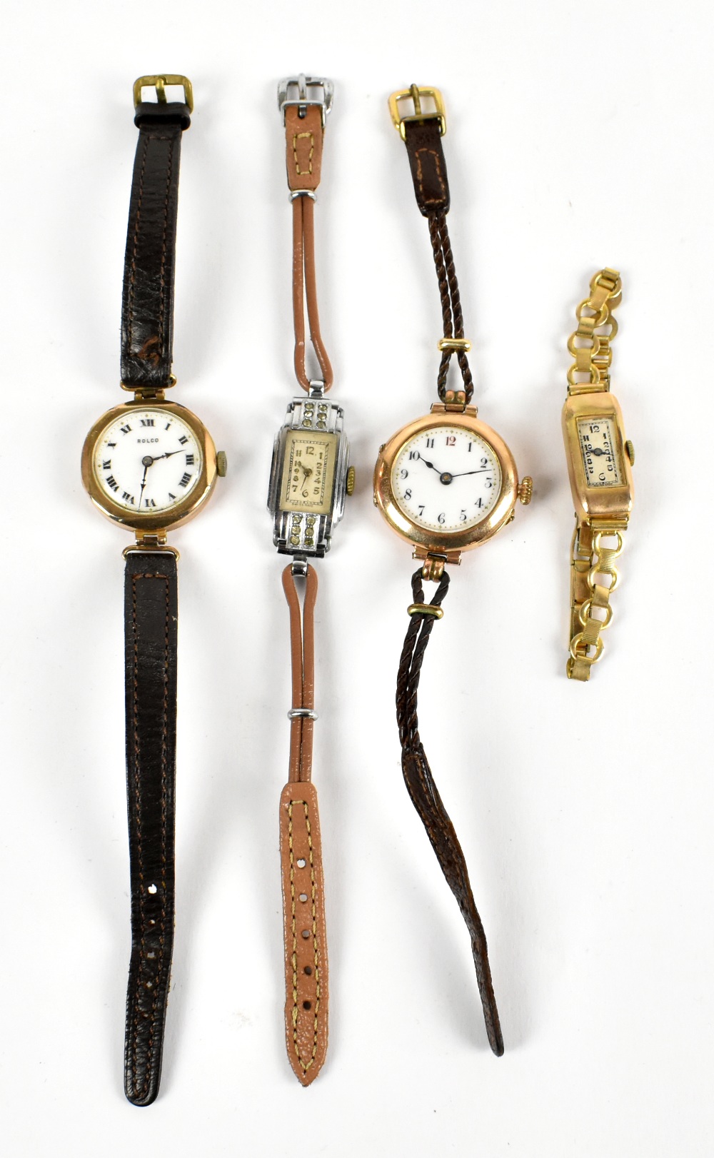 ROLCO; a lady's 9ct gold cased wristwatch, the enamel dial set with Roman numerals, with leather