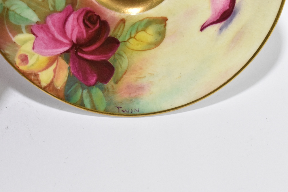 ROYAL WORCESTER; a hand painted cabinet cup and saucer decorated with roses by Twin, with a pink - Image 3 of 8