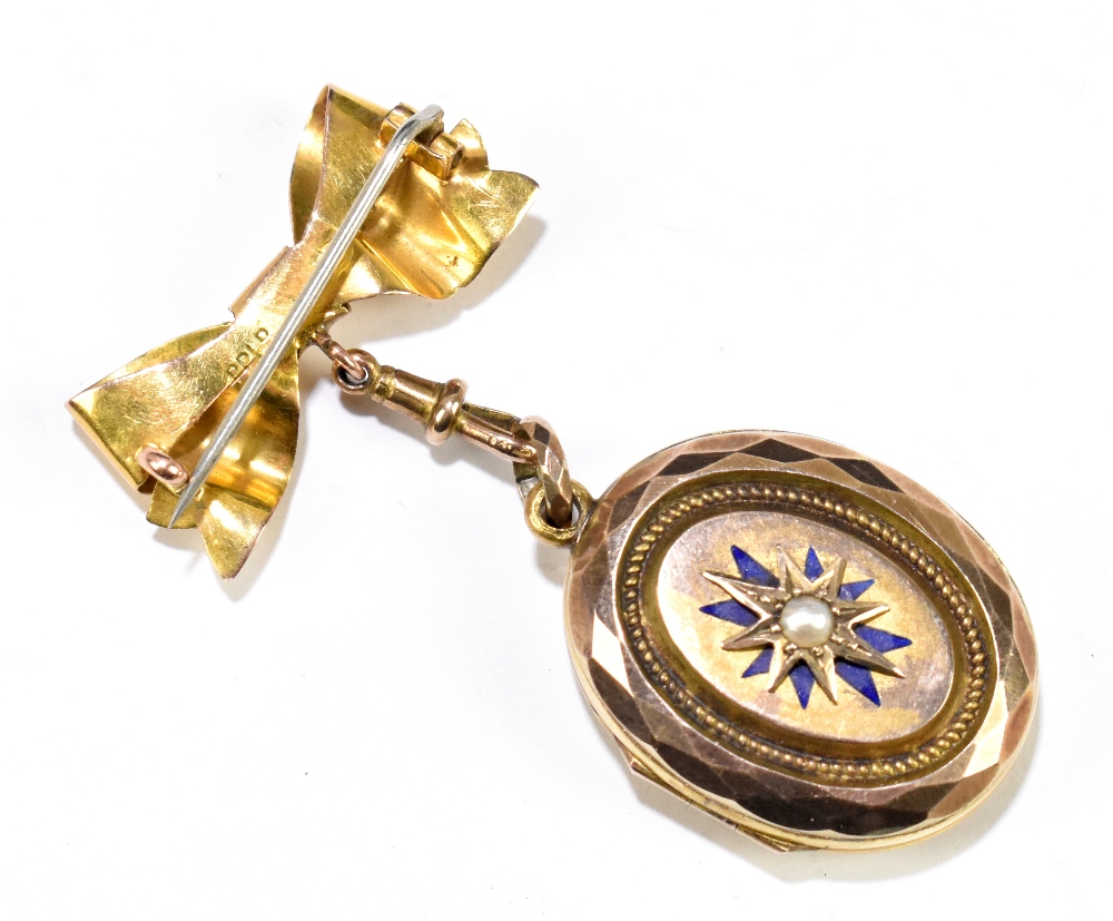 A Victorian yellow metal and blue enamel seed pearl set oval locket on a 9ct yellow gold bow pin