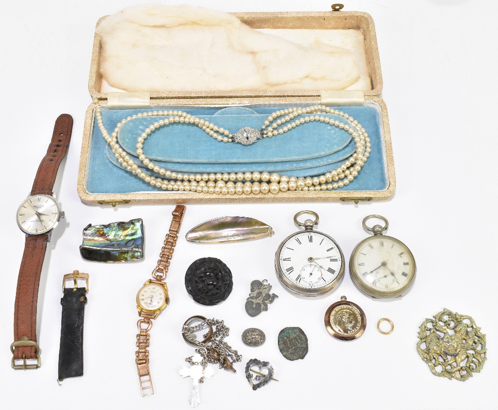 A quantity of costume jewellery including jet brooch, simulated pearls, pocket watch etc