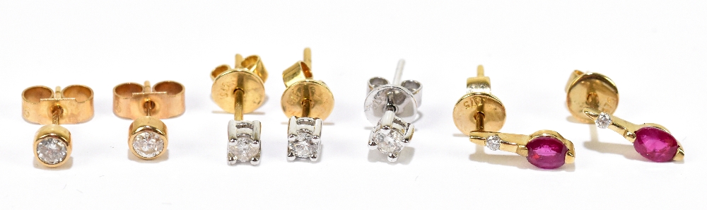 Three pairs of 9ct yellow gold earrings and a single 9ct white gold earring.