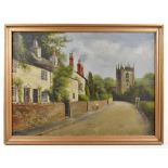 J NORTON; a late 19th/early 20th century oil on canvas, 'Pott Shrigley with view of cottages and the