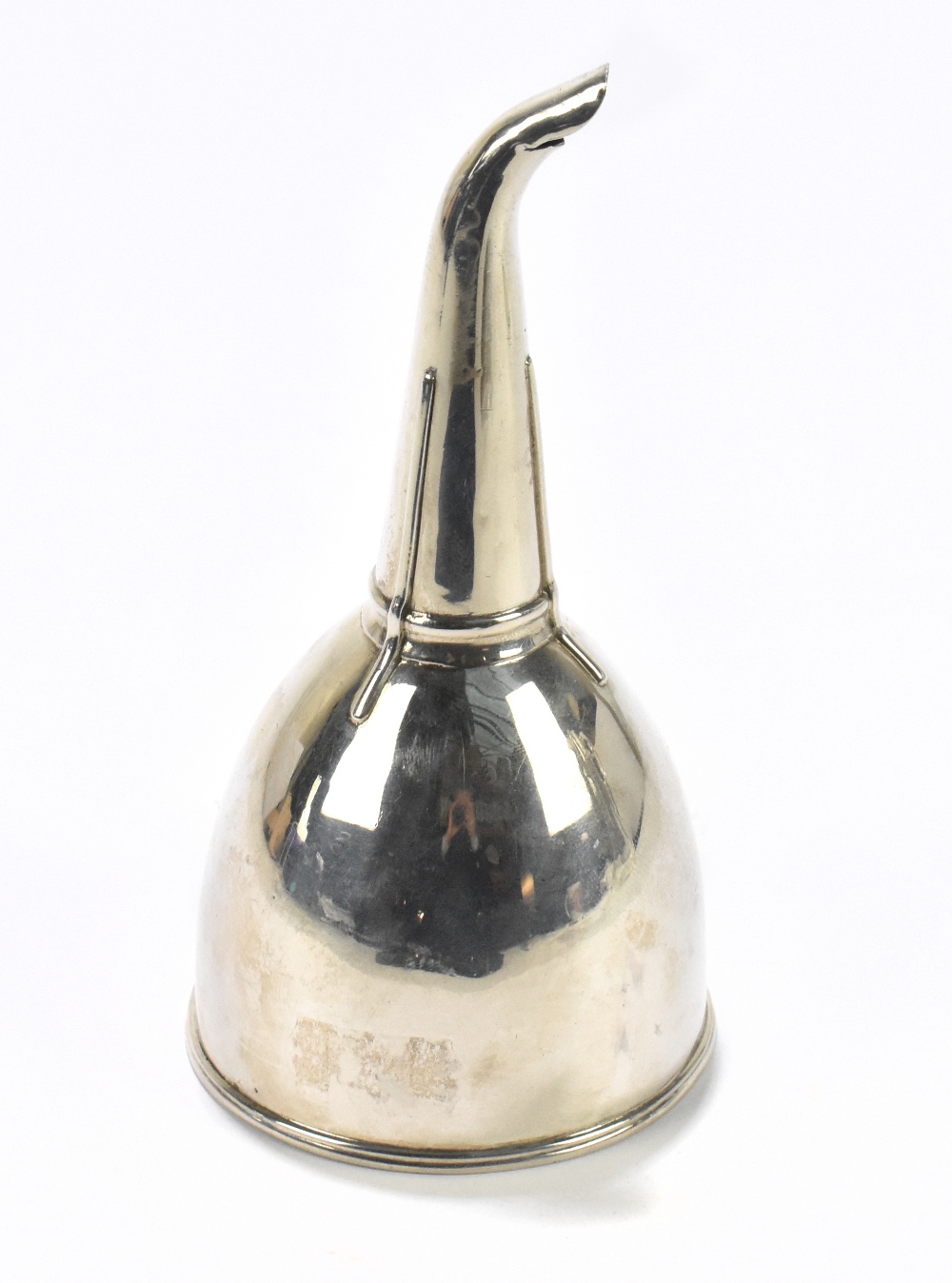 JOHN HUTSON; a William IV hallmarked silver wine funnel with applied linear panels, London 1831,