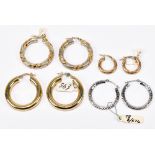 Four pairs of 9ct gold hoop earrings, three being yellow gold and one being white gold, largest