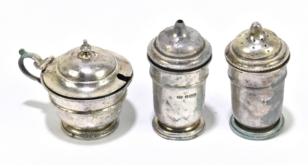 VINERS LTD; a George V hallmarked silver three piece cruet comprising pepperette, salt and lidded