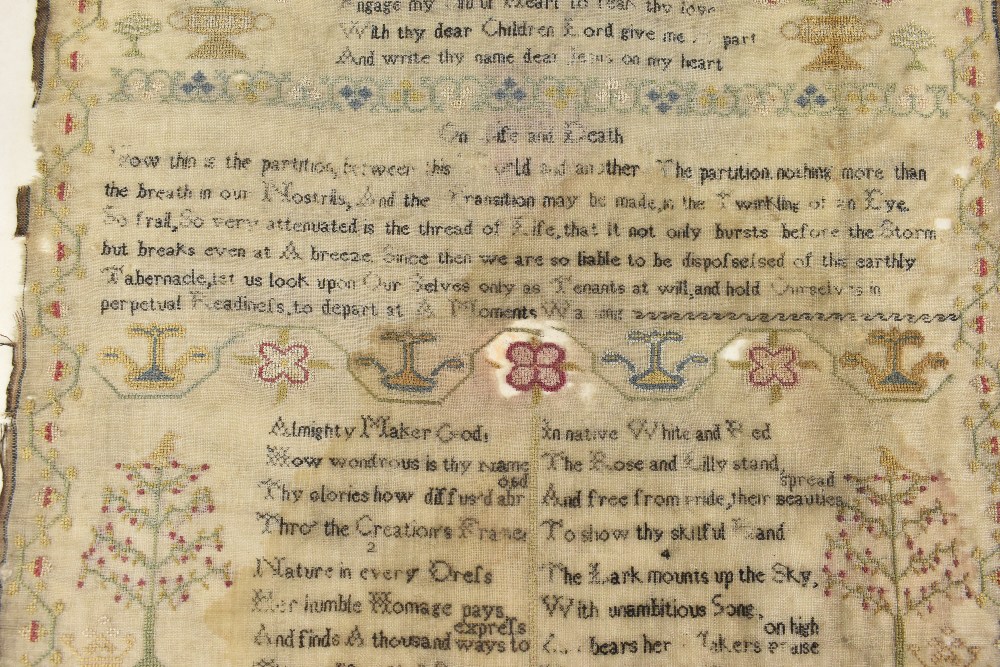 A 19th century needlework sampler with various verses, by Sarah Cowland, finished this work in the - Image 3 of 4