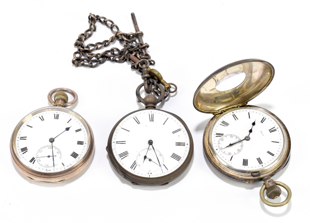 A Edward VII hallmarked silver half hunter crown wind pocket watch, the enamel dial set with Roman