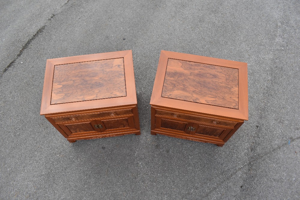 A pair of modern Chinese carved hardwood bedside cabinets, with one drawer and two cupboard doors, - Image 2 of 3