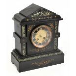 A Victorian slate and green marble mantel clock of architectural form, the dial set with Roman