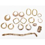 Five pairs of 9ct yellow gold earrings, a damaged gate link bracelet, a 9ct gold watch head and