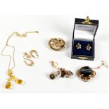 A cased pair of sapphire and seed pearl French wire earrings with a set of gold dress studs, two