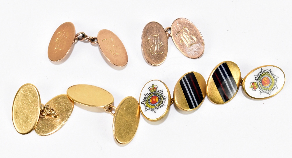 A pair of 18ct gold cufflinks, with engraved initials, 10g, a pair of 9ct gold cufflinks, weight 7.