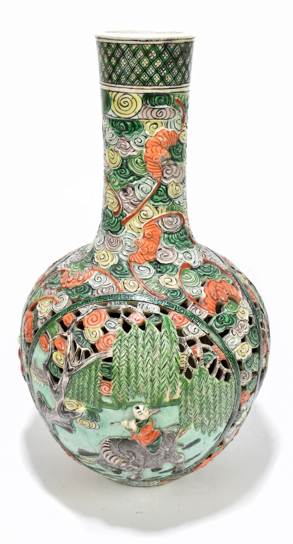 A 19th century Chinese reticulated porcelain Famille Verte vase, decorated throughout with bats, and