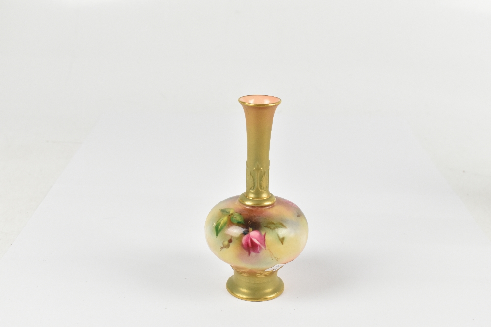 ROYAL WORCESTER; a hand painted vase of squat form with elongated neck decorated with roses, green - Image 2 of 3