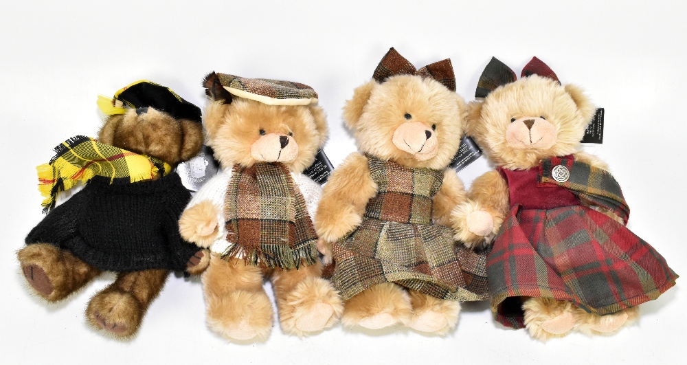 RONNIE HECK; four modern plush bears, including an example wearing Scottish dress with Celtic brooch