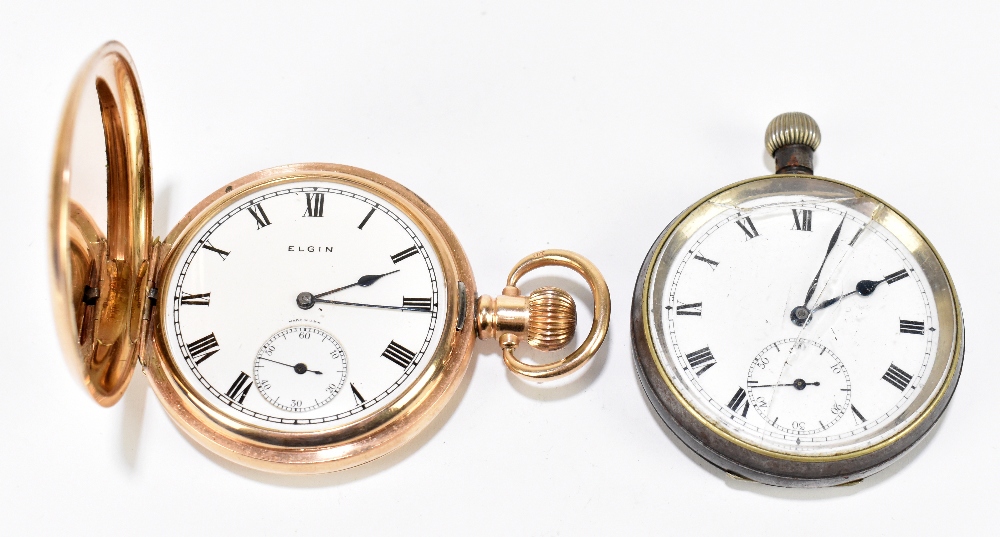 ELGIN; a gold plated crown wind full hunter pocket watch with Roman numerals to the white enamel