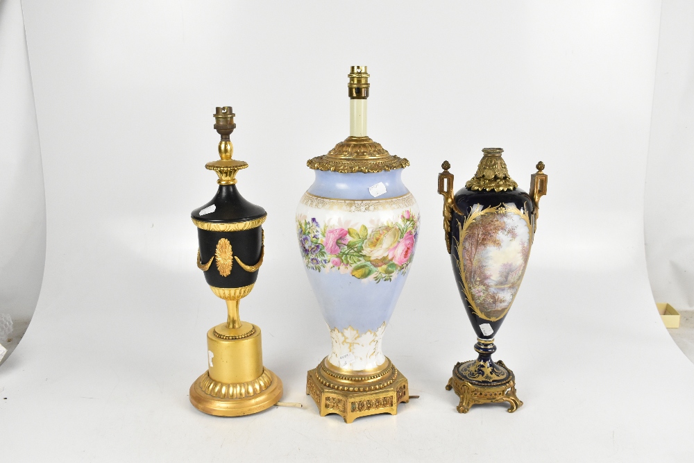 A late 19th century porcelain and gilt metal mounted twin handled table lamp, possibly Sevres, - Image 5 of 5