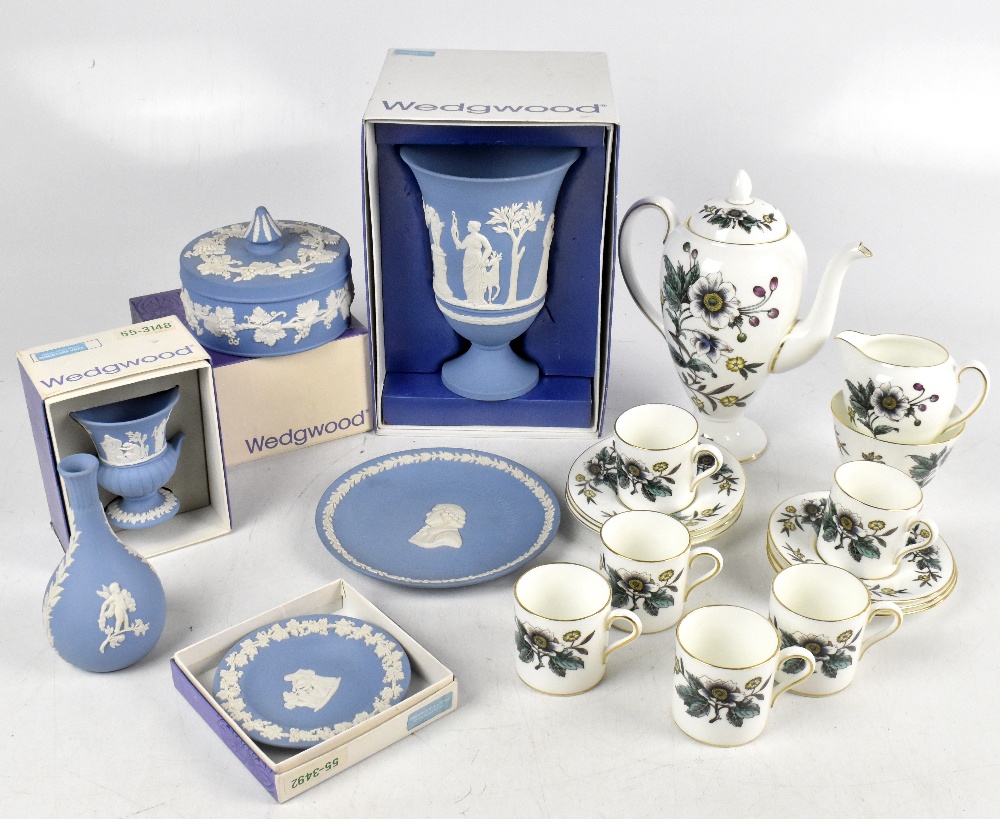 WEDGWOOD; an 'Anemone' pattern fifteen piece coffee service, with a selection of Wedgwood blue