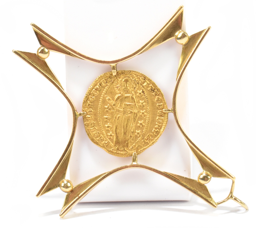 A Venice Zecchino Tomasso Mocenigo yellow metal coin, set in a Modernist yellow metal pierced