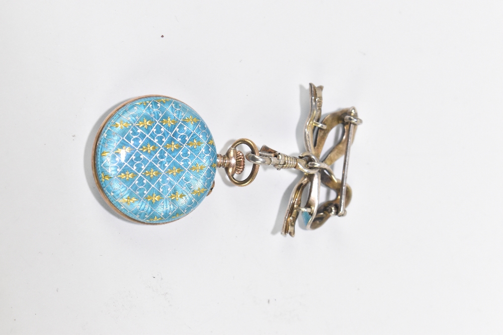 An early 20th century silver gilt, silver and enamel decorated fob watch, with ribbon bow attachment - Image 2 of 2