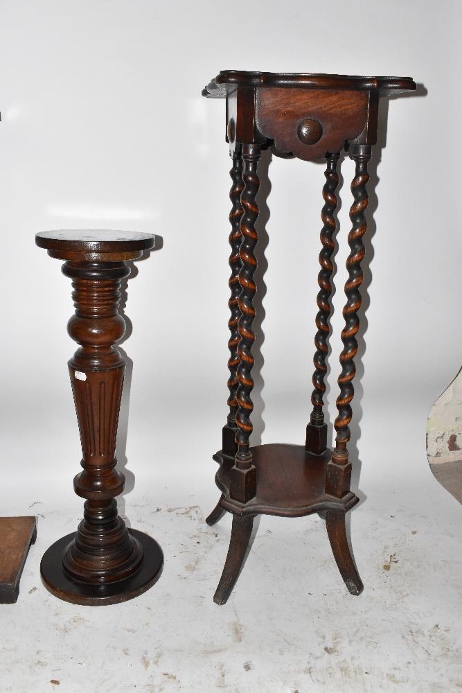 An early 20th century oak two tier jardinière stand with barley twist supports, two further - Image 2 of 3