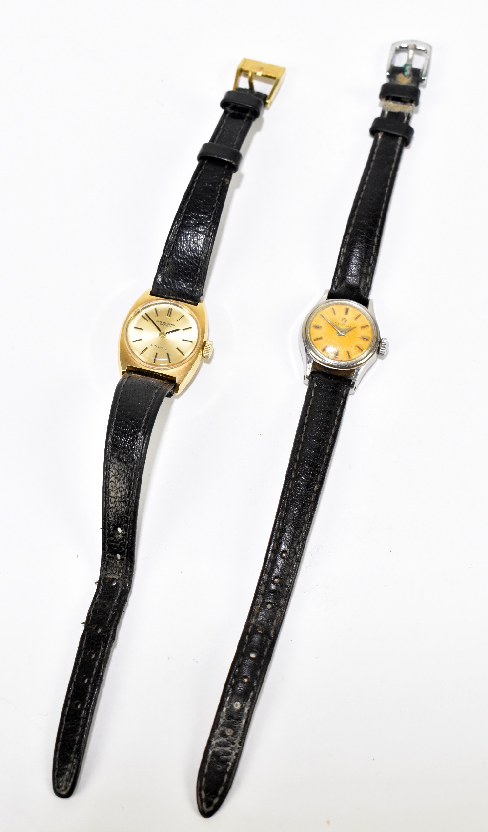 IWC (INTERNATIONAL WATCH CO); a lady's vintage 9ct gold wristwatch with baton markers to the
