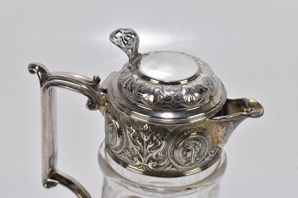 W & G SISSONS; a Victorian hallmarked silver mounted claret jug, the clear glass body with etched - Image 2 of 5