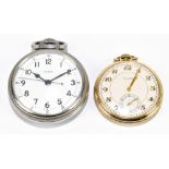 ELGIN; a crown wind gold plated open face pocket watch with Arabic numerals to the dial and a base