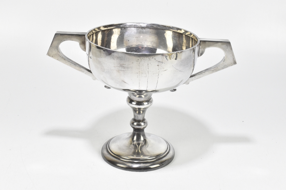 WILLIAM ADAMS LTD; a George VI hallmarked silver twin handled trophy cup with engraved - Image 3 of 4