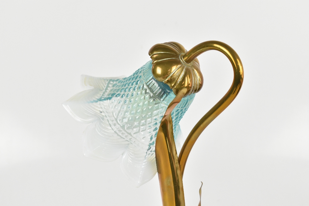 An Edwardian Art Nouveau brass table lamp with moulded blue glass shade, height 43cm.Additional - Image 3 of 3