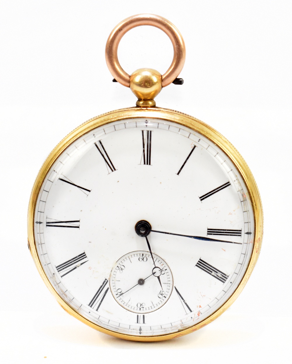 An early Victorian 18ct yellow gold open faced packet watch with Roman numerals to the circular