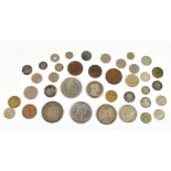 A collection of assorted coins including a George III crown, 18201, a Victoria crown, 1837, etc.