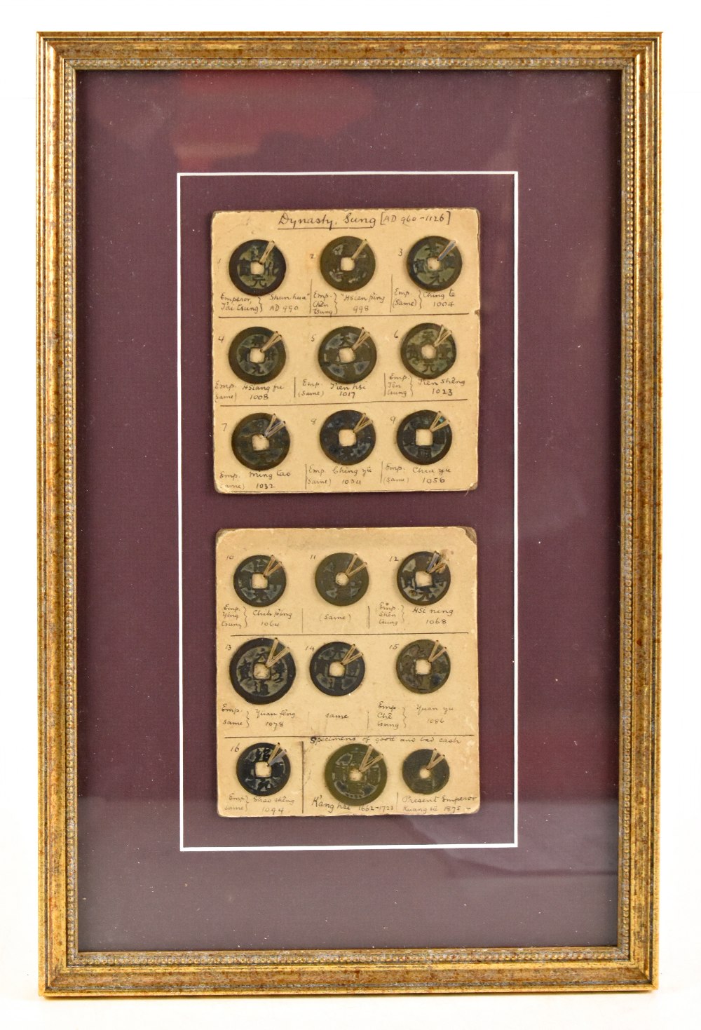 An unusual collection of eighteen Chinese Song (AD960-1126) Dynasty coins, set as two sets of