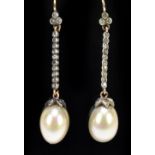 A pair simulated pearl drop and paste set earrings, with a run of ten tiny stones. length 3.5cm.
