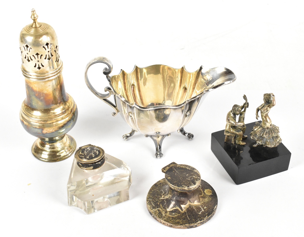 A collection of silver, white metal, and plated items, comprising two silver inkwells, one with