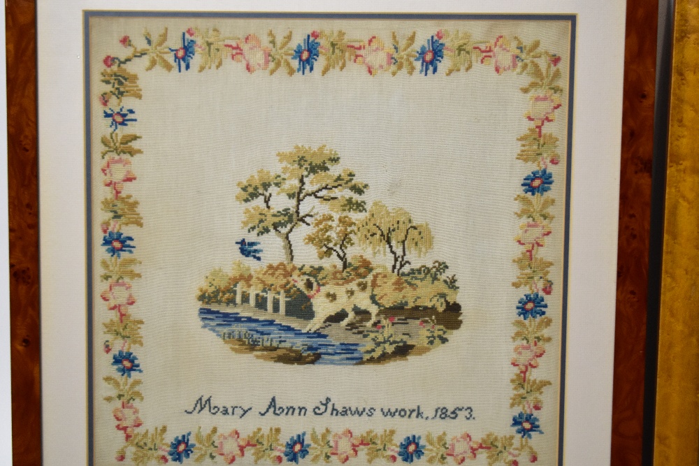 A 19th century needlework sampler decorated with a dog and bird in landscape by Mary Ann Shaw, dated - Image 2 of 2