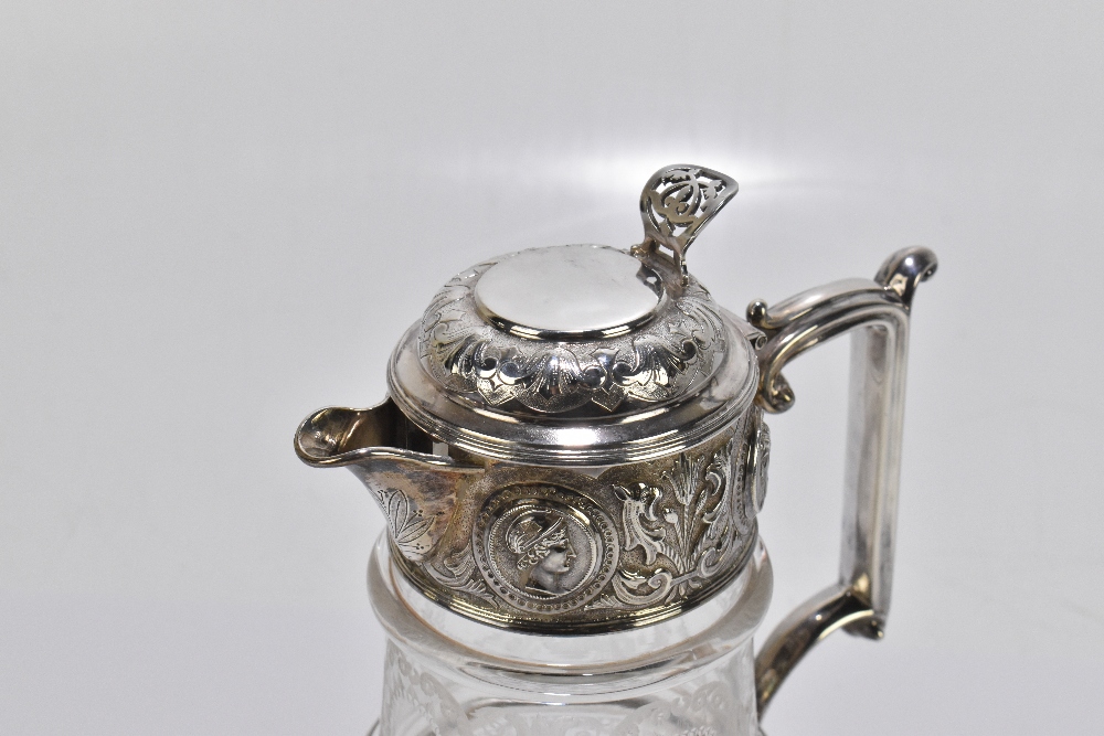 W & G SISSONS; a Victorian hallmarked silver mounted claret jug, the clear glass body with etched - Image 3 of 5