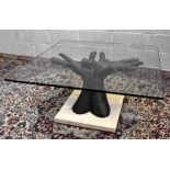 LORENZO QUINN (born 1966); bronze and glass 'Hand of God', with square sectioned glass top,