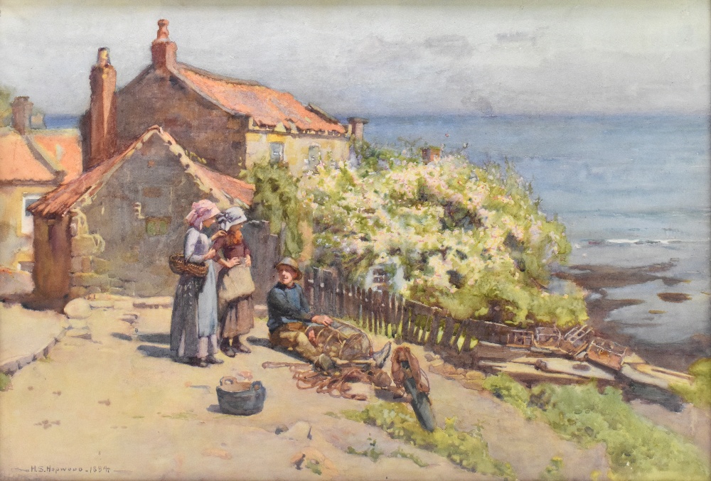 HENDRY SILKSTONE HOPWOOD (1860-1914); watercolour, coastal scene with fishermen and two females in - Image 2 of 5