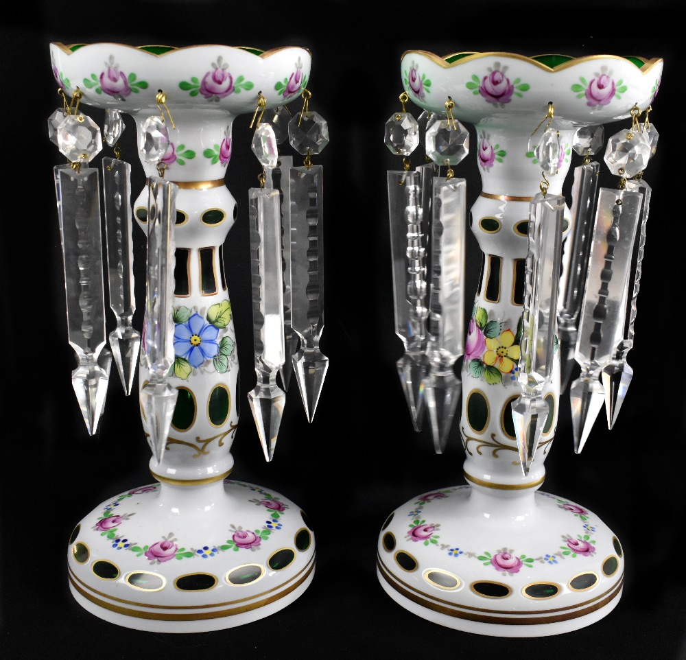 A pair of 20th century Bohemian overlaid glass table lustres with floral decoration and cut glass