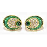 A pair of 18ct yellow gold emerald and diamond earrings, with cabochon emerald within a pave