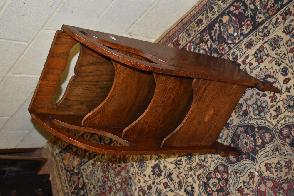 An Arts & Crafts inlaid oak freestanding three division magazine rack, with carved back panel, - Image 2 of 2