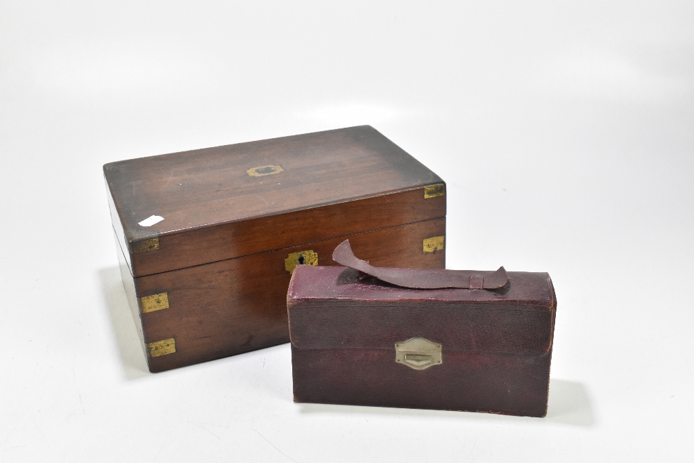 A Victorian brass bound walnut writing slope, width 35cm, and a travelling vanity set. - Image 2 of 3