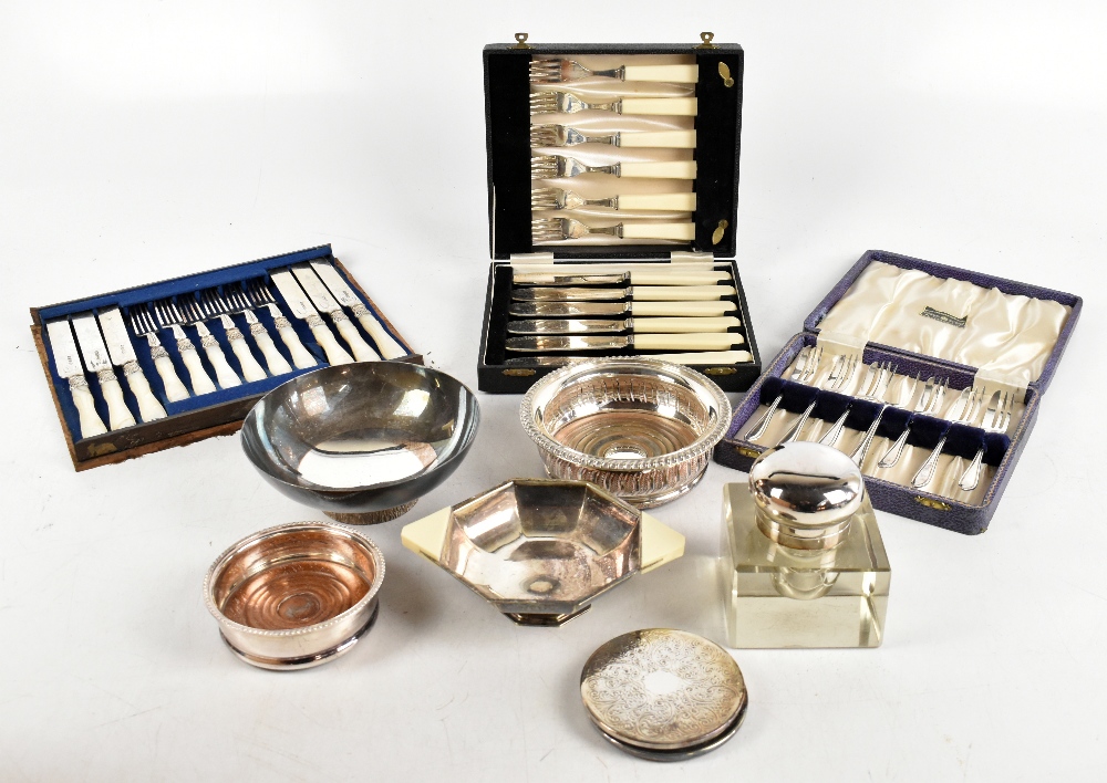 A large quantity of silver plate including salver, tray, flatware, serving dishes, inkwell, etc.