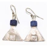 GUY ROYLE; a pair of white metal triangular form and blue bead drop earrings, length of drop approx.